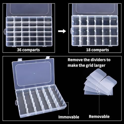 OUTUXED 36 Grids Clear Plastic Organizer Box with Adjustable Compartment Dividers Rock Collection Box for Bead, Nails, Jewelry, Art, DIY Crafts, Fishing Tackle, Small Items Organizers and Storage - color: 1 Pack