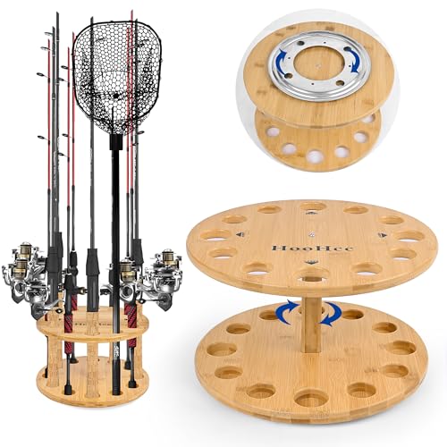 Fishing Rod Holders for Garage 360 Degree Rotating Fishing Pole Rack, Floor Stand Holds up to 12 Rods Bamboo Wood Fishing Gear Equipment Storage Organizer, Fishing Gifts for Men
