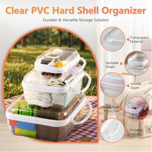 3PCS Travel Essentials for Toiletries with Handles, 1.2MM Thick Clear Hard Shell Zipper Case, Durable Makeup Bag for Cosmetics, Puzzles and Snacks, Clear Travel Bag for Diaper Bag Organizer - color: White, size: Handle LMS