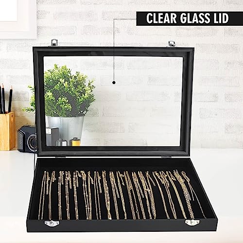 Necklace Organizer Box with Clear Lid Velvet Tray for Jewelry Storage Display Case, 20 Hooks Glass Top Drawer Insert Necklaces Pendants Dustproof Necklace Jewelry Box Organizer & Tray (Black) - color: Black, size: Necklace tray