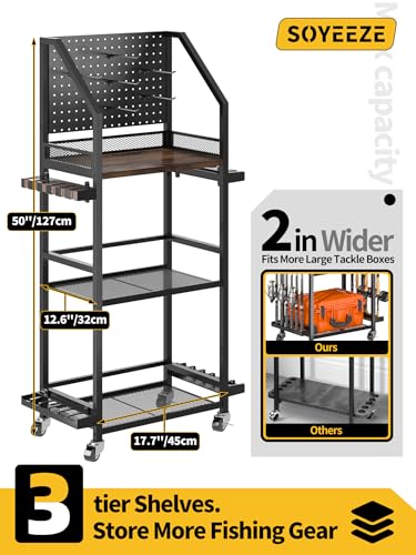 SOYEEZE Fishing Rod Holders for Garage, Fishing Pole Holders Up to 12 Rods with Pegboard and Hooks,Rolling Fishing Cart with Wheels, Fishing Gear Storage For Tackle Box & Reel Organization - color: Black-3-Sided, size: 3-Sided 6 hooks