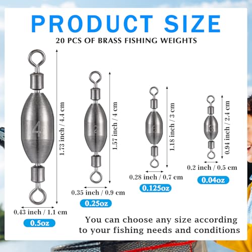 Seenelling 20 Pcs Brass Fishing Sinker Swivel Fishing Weights Saltwater Bullet Sinkers Drop Shot Weight Egg Sinkers with Swivel Rolling Removable Freshwater - size: 1/2 oz, 1/4 oz, 1/8 oz, 1/25 oz