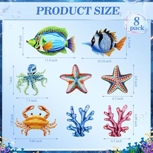 Tandefio 8 Pcs Metal Wall Decor Wall Art Hanging Decorations Outdoor Indoor Sculptures for Garden Fence Pool Home Porch(Starfish, Coral, Octopus, Fish) - style: Starfish, Coral, Octopus, Fish