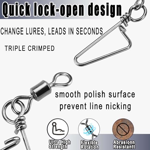 150pcs Fishing Snap Swivels Barrel Swivel with Coastlock Snap Stainless Swivel Corrosion Resistant Fishing Tackle Accessories Lure Line Connector for Saltwater Freshwater Fishing