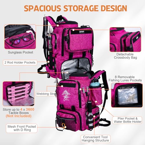 Goture Fishing Backpack, 58L 900D Water-Resistant Insulated Tackle Backpack with Cooler, Rod Holders, 8 Lure Pockets, Detachable Crossbody Bag, Gear Storage Large Fishing Bag for Camping Hiking - color: Bling Pink
