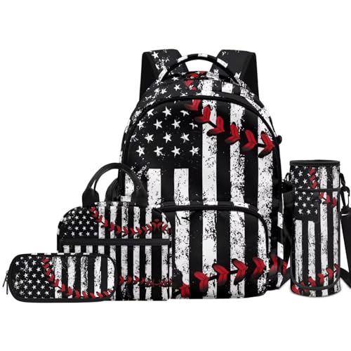 Backpack for Kids Boys 4 PCS School Bookbag with Lunch Box Pencil Pouch and Water Bottle Sleeve Pouch Set Lightweight Preschool Custom Baseball Print - color: Custom Baseball Print