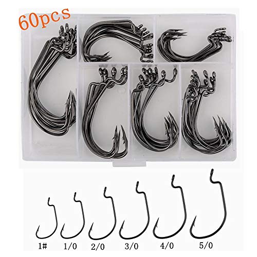60pcs Offset Worm Hook High Carbon Steel Wide Gap Bait Jig Fish Hooks with Plastic Box #1-5/0