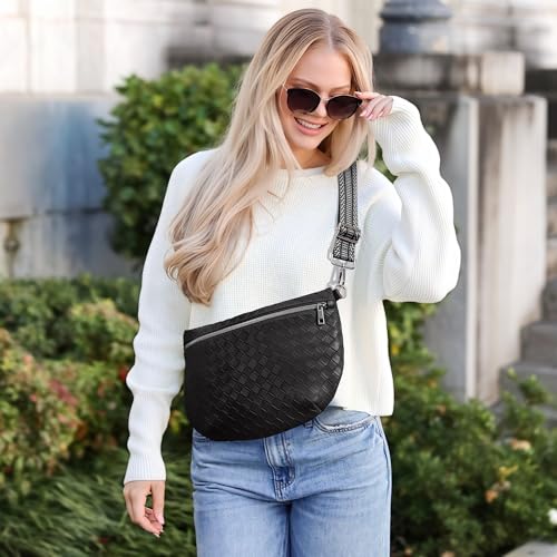 KALIDI Woven Crossbody Bags for Women Travel Vegan Leather Fanny Packs for Woman Cross Body Purse Fashion Belt Bum Bag with Wide Strap - color: Black