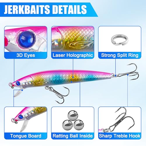 Suspending Jerkbait Fishing Lures, Minnow Lures Jerk Bait Bass Fishing Bait with Treble Hook Artificial Floating Jerkbait for Bass Trout Pike Walleye Freshwater Saltwater - color: Type A:8pcs-3.8in/0.27oz