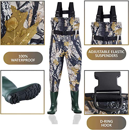 Kids Chest Waders for Toddler Children Waterproof with Insulated Boots - color: Camo, size: 10/11