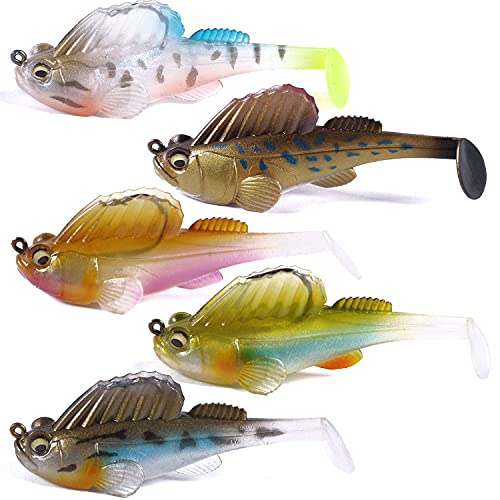 Weedless Soft Plastic Fishing Lures for Bass Trout - Paddle Tail Swimbaits With Hidden Pre-Rigged Sharp Hooks for Freshwater Saltwater - 5pcs Kit With Box - color: A:2.75in/0.5oz/5pcs