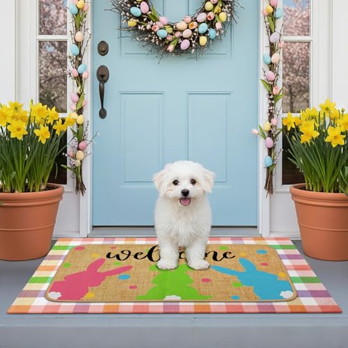 Tinideya 2 Pcs Easter Bunny Doormats Welcome Outdoor Spring Rabbit Door Mats Layered Front Door Rugs Non Slip Floor Mats for Porch Entryway Outdoor - size: 16 x 28 Inch,24 x 35 Inch, style: Bunny