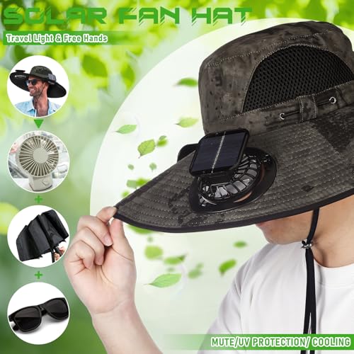 Berlune Sun Hat with 2 Solar Fan Wide Brim Fishing Bucket Hat USB & Solar for Men Women UPF 50+ Cooling for Fishing Beach - color: Army Green, size: 5.9 Inch Brim