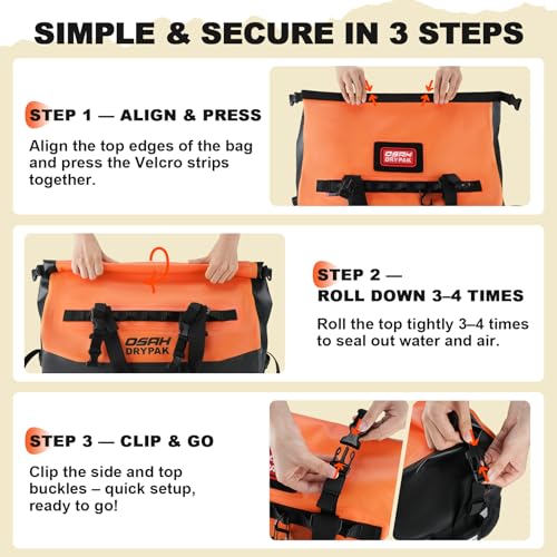 OSAH DRYPAK Waterproof Duffel Bag 25L/40L/60L – Heavy-Duty Motorcycle Tail Bag, Roll-Top Dry Bag for Travel, Camping, Boating, Kayaking, Outdoor Adventure - color: ORANGE, size: 40L