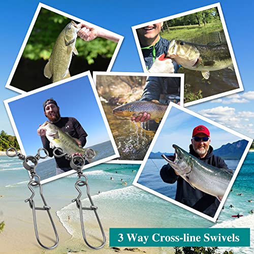 AGOOL Fishing 3 Way Swivel Snaps - 30pcs T-Turn Fishing Swivels Triple Swivels Cross Line Duo Lock Snap Swivels Fishing Lure Connectors Fishing Tackle for Trolling Catfish Rig Saltwater Freshwater - size: 8# (26lb) - 30pcs