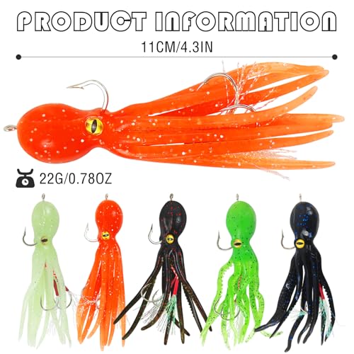 5 Pack Octopus Fishing Soft Lures Swimbait with Skirt Tail Lingcod Rockfish Jigs Baits Trolling Lures for Saltwater Fishing