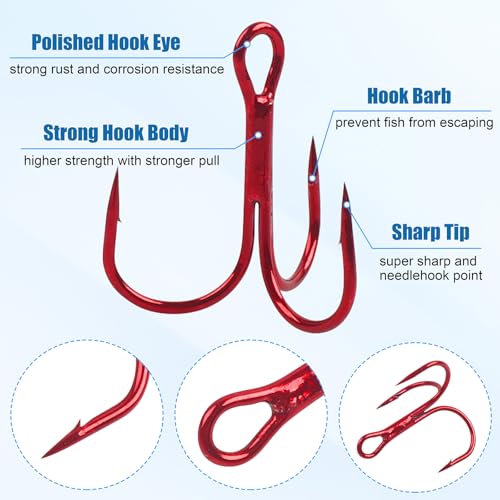 Fishing Treble Hooks Kit 90pcs High Carbon Steel Strong Sharp Round Bend Red Treble Fishing Hooks for Catfish Trout Hard Baits Lures Saltwater Freshwater, Size 2# 4# 6# 8# 10#