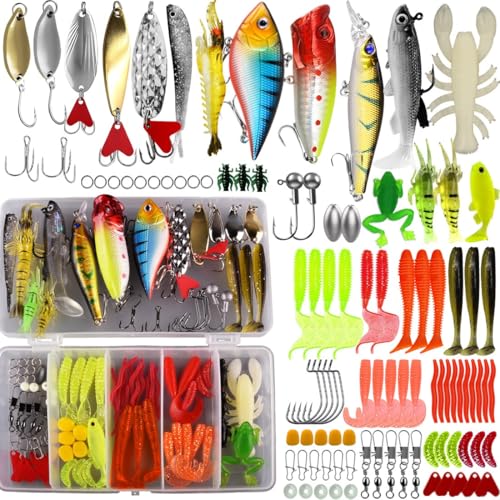 Fishing Lures Tackle Bait Kit Set - Comprehensive Fishing Lures Kit for Trout Bass Salmon - Includes Plastic Shrimp, Worm Bait, Spoon, and Crankbait Jigs