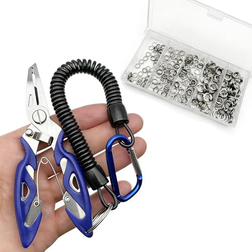 Pack of 201pcs Fishing Stainless Steel Split Rings 5 Sizes and Plier Set, Split Ring Capable of withstanding Large tensile Force and Fishing Plier Tool Kit for Saltwater Fishing Lure Connectors… - color: 250pcs Rings&Blue plier