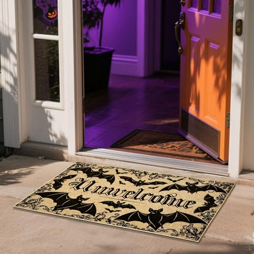 Unwelcome Halloween Doormat Outdoor Indoor Entrance Black Bat Doormat Front Back Door Welcome Door Mat Entryway Floor Mat Inside Outside Non Slip Carpet Porch Hallway Rug Housewarming Gift - color: Halloween