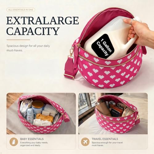 Womens Crossbody Bag, Spacious Nylon Bum Bag Trendy Shoulder Purse with Adjustable Strap Zipped Travel Essentials - color: 58a-red