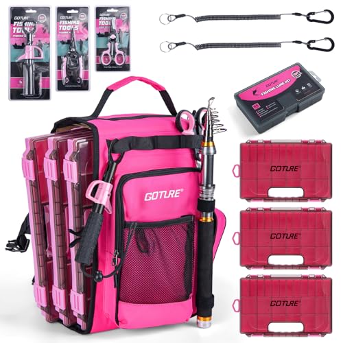 Goture OpenSide Tactical Sling Tackle Bag with 3 Tackle Trays,Lures & Fishing Tools, Lightweight Fishing Backpack Storage for Fishing Gear-Pink Bag, Gift for Women - color: Pink, size: Small bag with 3600 trays, style: Bag + Fishing Boxes(handle) + Pink F