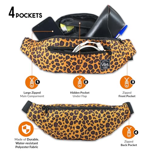 Vibe Festival Gear Rave Fanny Pack for Women Men – Festival, 4 Pockets, Adjustable Strap, Cute Waist Bag, Crossbody Belt Bag, Hiking, Running, Cycling - color: Leopard, size: Fits Most