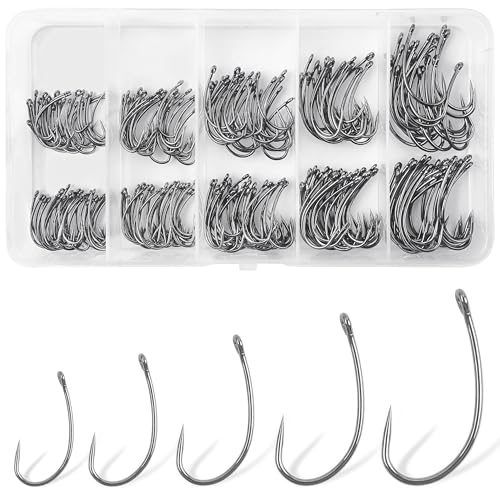 Barbless Fishing Hooks Kit, 250pcs Carp Hooks Small Sizes Barbless Trout Hooks Circle Curved Shank Fly Tying Hooks Circle Hooks for Hair Rig Carp Fishing Tackle Saltwater Freshwater