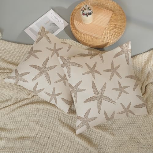 Brown Starfish Pillow Covers 18x18 Set of 2 Coastal Throw Pillows Spring Summer Nautical Ocean Theme Beach Decorative Pillow Cases Farmhouse Outdoor Decor Linen Cushion Case for Couch Sofa - color: Brown Starfish 2, size: 18" x 18" (Pack of 2)