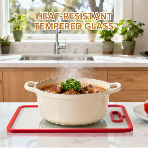 2Pcs Red Glass Cutting Board for Kitchen, Tempered Glass Chopping Board with Non-Slip Edges, Dishwasher Safe Clear Cutting Board Set, Heat & Shatter Resistant, 15"×11" & 13"×9"