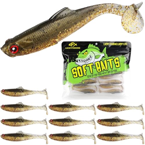 LUCKYFISHING Paddle Tail Swimbaits Soft Plastic Swimbaits Soft Baits for Bass Fishing Trout Crappie Walleye Freshwater Saltwater 10/16/20 PCS Soft Plastic Baits 4/3.5/3/2.5 Inch - color: Brown, size: 4 inch-10pcs