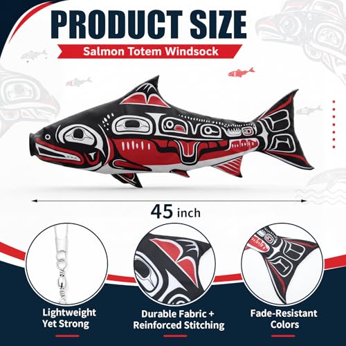 Newwiee 1 Pcs 45" Fishing Windsock for Outdoor Decor, Heavy Duty Fade Resistant Hanging Flag with Swivel Clip for Boat Dock Lake House Patio Yard, Fishing Gift for Men Dad Fisherman (Salmon) - style: Salmon