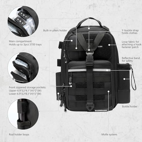 BASSDASH Convertible Fishing Backpack Sling Bag with Rod Holder, Adjustable Tactical Water-Resistant Tackle Storage Pack FP07 - color: Black, size: Standard