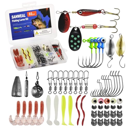 SANWEAL Fishing Weights Sinkers Kit, 88PCS Freshwater Fishing Tackle Starter Kit with Bullet Sinkers, Split Shot Weights, Pyramid Sinkers, Jig Head Hooks & Swivels for Bass Trout Panfish - style: Value Kit 60 Pcs/20 Types