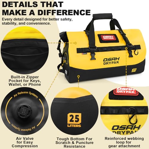 OSAH DRYPAK Waterproof Duffel Bag 25L/40L/60L – Heavy-Duty Motorcycle Tail Bag, Roll-Top Dry Bag for Travel, Camping, Boating, Kayaking, Outdoor Adventure - color: YELLOW, size: 25L