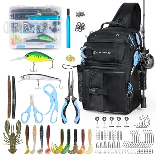 Calamus GearMaster Fishing Sling Tackle Bag & Tool Set, 3500 Tackle Box & Fishing Gear with Fishing lures, Fishing Pliers, Fishing Scissors, Lip Gripper, Wacky Tool