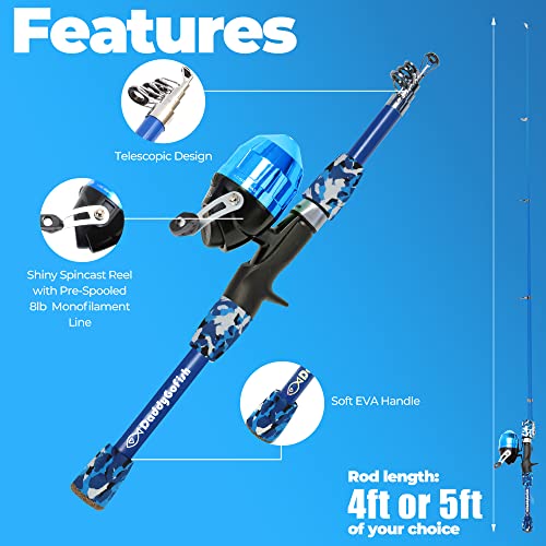 DaddyGoFish Kids Fishing Pole - Rod Reel Combo Tackle Box Starter Set - First Year Small Dock Gear Kit for Boys Girls Toddler Youth Age Beginner Little Children Junior Anglers - color: Blue (Complete Set), size: 5ft