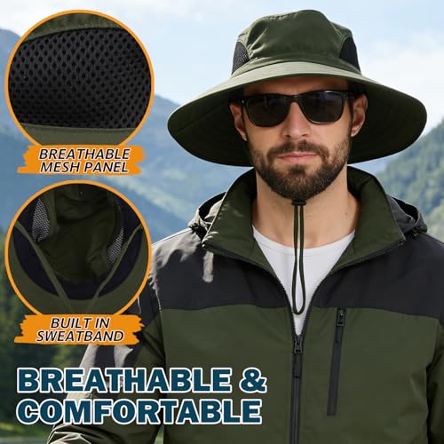 Wide Brim Sun Bucket Hat, Waterproof Boonie Hat for Men & Women | UPF 50+ UV Protection, Adjustable Fit, Chin Strap & Sweatband, Foldable Durable for Fishing Hiking Garden Beach - color: 01 Army Green