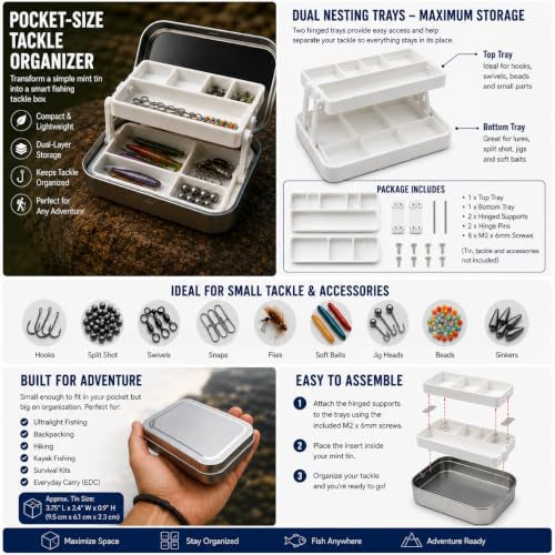 Tackle Box Inserts Compatible with Altoids Tin, Pocket Size Fishing Gear Organizer with Nesting Hinges for Outdoors