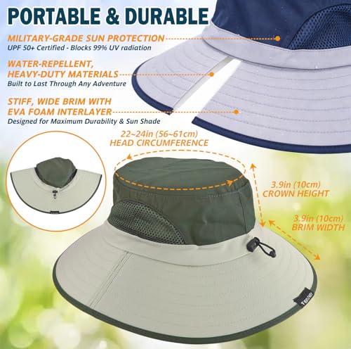 Wide Brim Sun Bucket Hat, Waterproof Boonie Hat for Men & Women | UPF 50+ UV Protection, Adjustable Fit, Chin Strap & Sweatband, Foldable Durable for Fishing Hiking Garden Beach - color: 02 Beige+army Green