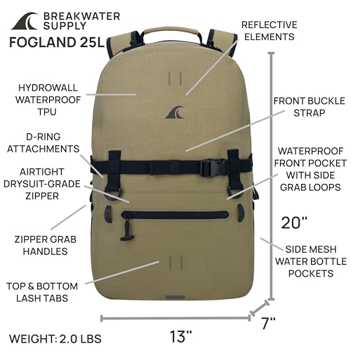Breakwater Supply™ Fogland CORDURA Waterproof IP68 Submersible Backpack | Laptop Sleeve & Airtight Zippers for Outdoors, Travel, Hiking, Fishing, Floating Dry Bag, Unisex, TPU (Safari Tan, 25L) - color: Cordura Safari Tan, size: 25L