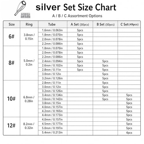 50PCS Fishing Rod/Pole Replacement Stainless Steel Tip Tops Repair Kits for Surf,Spinning, Casting - color: C-MGT 49PCS