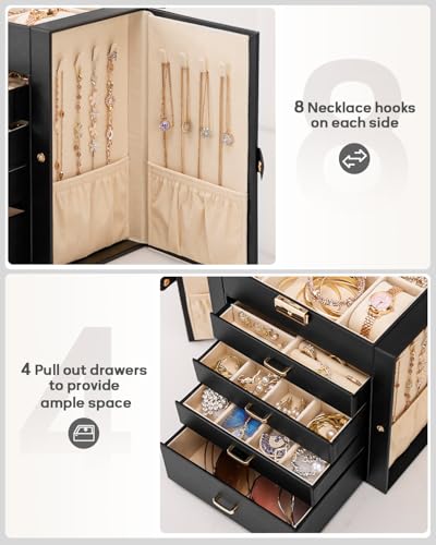 Homde Synthetic Leather Huge Jewelry Box Mirrored Watch Organizer Necklace Ring Earring Storage Lockable Gift Case (Black + Gold) - color: Black + Gold
