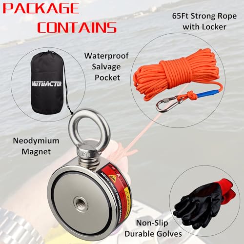 MUTUACTOR Double-Sided Fishing Magnet Kit,Combined 760lbs Fishing Magnets Heavy Duty,Φ2.36''Permanent Neodymium Rare Earth Magnet with 65Ft Salvage Rope Sturdy Gloves Bag for Recovery Treasures - style: 760lb Magnet(Double Sided)--Φ 2.36"