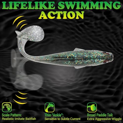 LUCKYFISHING Paddle Tail Swimbaits Soft Plastic Swimbaits Soft Baits for Bass Fishing Trout Crappie Walleye Freshwater Saltwater 10/16/20 PCS Soft Plastic Baits 4/3.5/3/2.5 Inch - color: Black, size: 4 inch-10pcs