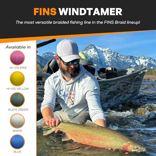 FINS Windtamer Braided Fishing Line – Round No-Wax 4-End Braid, Eliminates Wind Knots and Rod Tip Wraps, No-Stretch Performance, Low Memory, Freshwater Saltwater, Spinning Baitcasting, Made in USA - color: Hi-Viz Yellow, style: 8 Lb - 4000 Yds