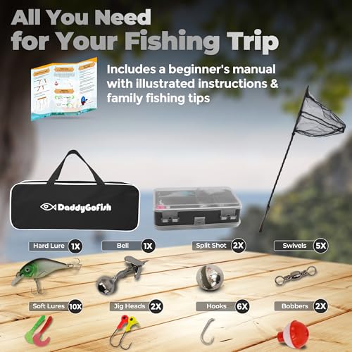 DaddyGoFish Kids Fishing Pole - Rod Reel Combo Tackle Box Starter Set - First Year Small Gear Kit for Boys Girls Toddler Youth Age Beginner Little Children - color: Black (Essential Set), size: 5ft