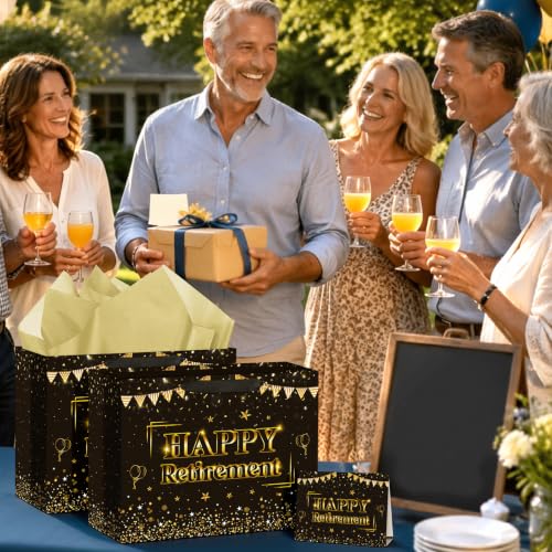 Hooqict Large Retirement Gift Bag Black Gold Happy Retirement Gift Wrap Bag with Handles, Tissue Paper, Greeting Card for Men Women Teacher Office Coworker Farewell Going Away Party Favors - color: Retirement
