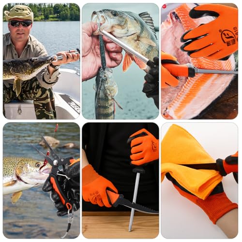 RoundFunny 13 Pcs Fishing Tool Kit, Fishing Pliers with Lanyard, Fillet Knife, Fish Lip Gripper, Hook Remover, Braid Scissors, Sharpening Rod, Tool Retractor, Gloves, Towel, Storage Bag