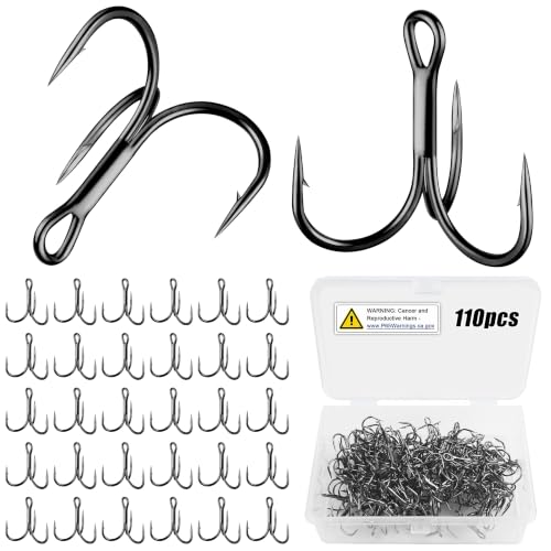 Treble Fishing Hooks, 110pcs Super Sharp Triple Fish Hook Classic Round Bend High Carbon Steel Treble Hooks Barbed for Catfish Bass Trout Freshwater Saltwater - color: Black, size: 110pcs 1/0#